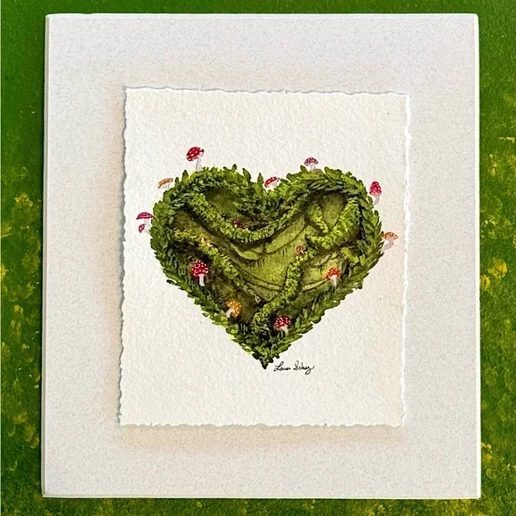 Original Green Heart Mushroom Forest Moss Nature Gouache art Mini fairycore - Picture 1 of 7